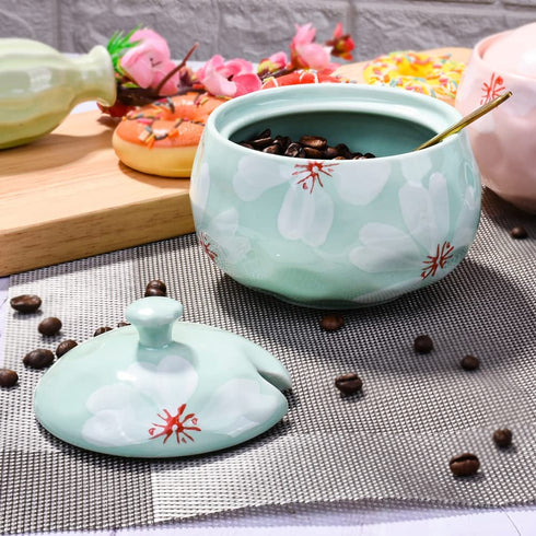 Ceramic Sugar Bowl with Lid, Ceramics Cyan Sugar Salt Pepper Storage Jar Seasoning Pot with Lid and Spoon for Home and Kitchen