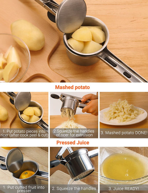 WILLIZTER Potato Ricer, Stainless Steel Potato Ricer Fruit and Vegetables Masher Food Ricer Large Capacity with 3 Interchangeable Discs & Inner Cup