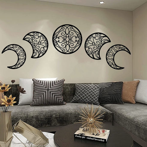 ASMANNA 5 Pieces Moon Decoration Wall Decoration Wooden Moon Phase Wall Hanging Bohemian Style Bedroom Home Wall Decor Bohemian Lunar Aesthetic Art for Bedroom Living Room Dorm Apartment Office(black)