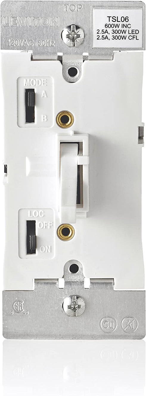 Leviton TSL06-1LW Toggle Slide Universal Dimmer, 300-Watt Dimmable LED and CFL, 600-Watt Incandescent and Halogen for Single Pole or 3-Way, with Locator Light, 1-Pack, White