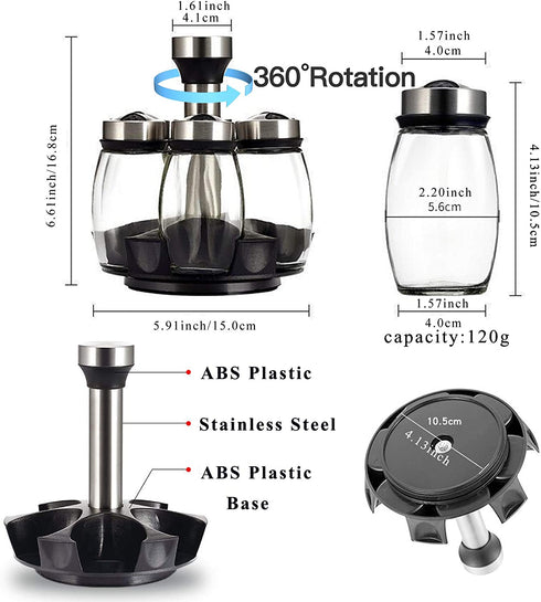 MONMART Salt and Pepper Shakers Salt Shaker Stainless Steel and Glass Set, 360° Rotating With Adjustable Pour Hole, 6-Piece Set