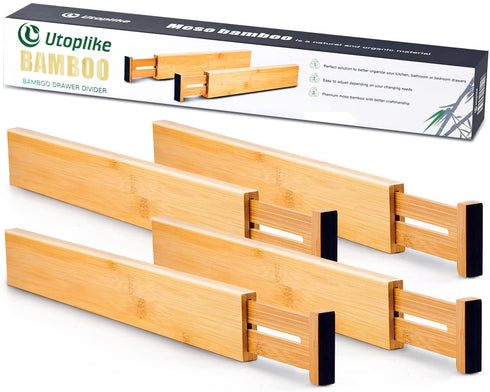 Utoplike 4 Pack Bamboo Kitchen Drawer Dividers,Adjustable Drawer Organizers,Spring Loaded,Works in Kitchen,Dresser,Bathroom,Bedroom,Drawer,Desk (Natural)