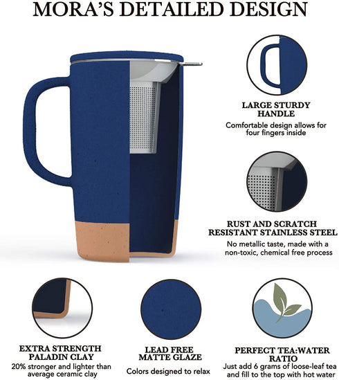 Mora Ceramics Large Tea Mug with Loose Leaf Infuser and Ceramic Lid, 18 oz, Portable, Microwave and Dishwasher Safe, Tall Coffee Cup - Rustic Matte Ceramic Glaze, Modern Herbal Tea Strainer, Deep Blue