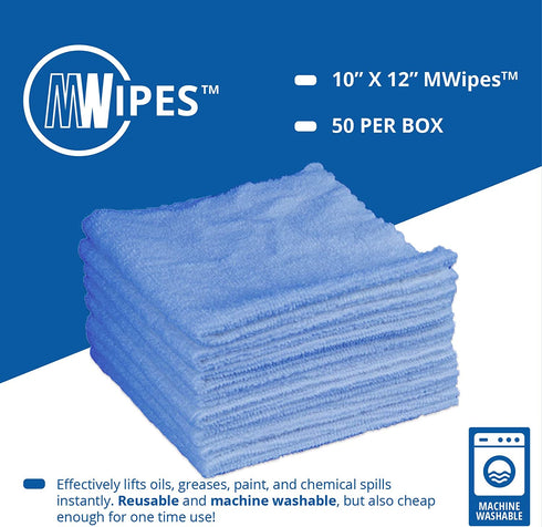 Microfiber Rags in A Box (50 Count) - Mwipes - 10" x 12" Reusable Wipes for Cleaning - Edgeless Terry Towels, Shop Rags, Wash, Dust, Disposable, House, Small Cleaning Cloths (Blue)