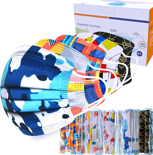 Sheal 100PCS Disposable 3-Layer Face Masks For Adult, Colorful Geometric Pattern Breathable Face Masks, Individually Packaged