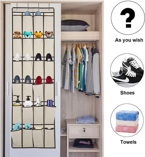 Over the Door Shoe Organizer, 2 Pack Laigoo Hanging Shoe organizer with 24 Large Fabric Pockets, with 4 Hooks Shoe Storage Rack Organizer for Closet Bedroom Bathroom Pantry?60 x 20 inch, Beige)