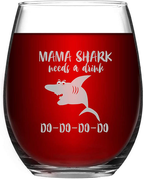 Wine Glass Baby Mama Shark Needs a Drink Do Do Novelty Wine Glass for Women with Sayings Funny Shark Gifts & Cup Accessories for Mom Mother Friends Funny Stemless Wine Glass