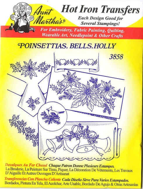 Poinsettias, Bells, Holly Aunt Martha's Hot Iron Embroidery Transfer
