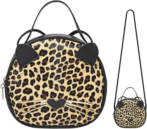 Cute Cat Purse Leopard Crossbody Bag Mini Shoulder Bag Handbags for Kids Women Teens Girls (Brown)