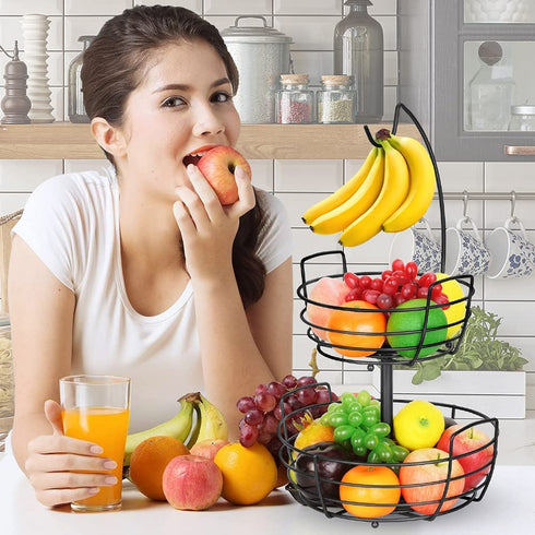 Fruit Basket, Auledio Fruit Bowl 2 Tier Fruit Basket for Kitchen with Banana Hanger, Fruit Bowl for Kitchen Counter Bread Basket Fruit Holder