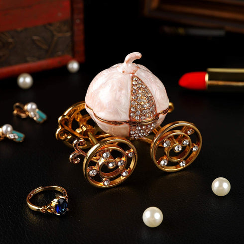 QIFU Hand Painted Enameled Cinderella Pumpkin Carriage Decorative Hinged Jewelry Trinket Box Unique Gift for Family