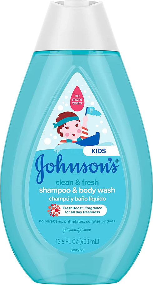 Johnson's Baby Clean Fresh TearFree Children's Shampoo Body Wash Paraben Sulfate DyeFree Formula is Hypoallergenic Gentle on Toddler's Sensitive Skin FreshBoost Fragrance, Sulfate-Free, 13.6 Fl Oz