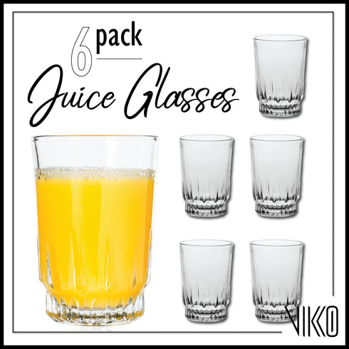 Vikko 9 Ounce Drinking Glasses: Highball Kitchen Glassware - For Orange Juice, Water, Soda, etc. -Thick and Durable - Sculpted Lines Design - Dishwasher Safe Set of 12 Crystal Clear Glass Cups