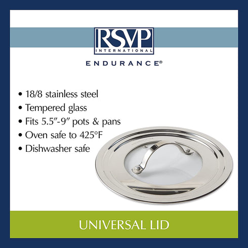 RSVP International Endurance Universal Lid with Glass Insert, Stainless Steel, Fits 5.5" - 9" | Secure Tempered Glass | Fits Frying, Sauté, Sauce, Stock Pots & Pans | Dishwasher & Oven Safe