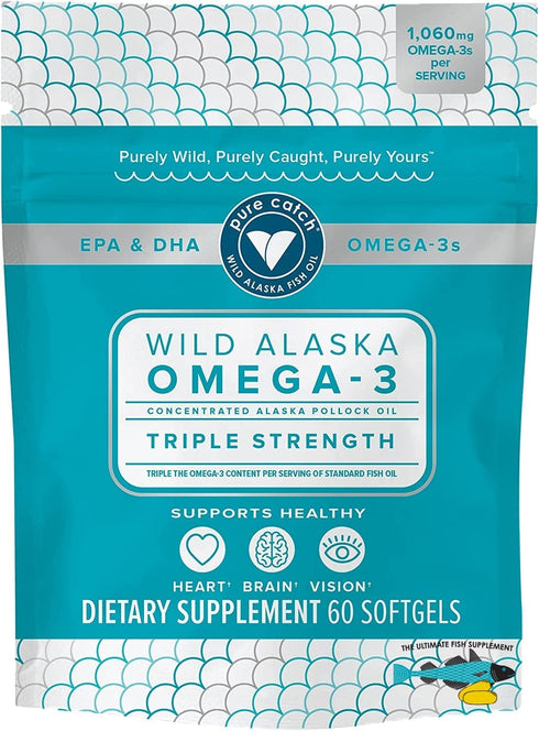 Trident Pure Catch Wild Alaska Omega 3 Fish Oil - (60 Count Soft Gels) - Provides 1,060 mg of Omega-3 Fatty acids, Including EPA & DHA, Supports a Healthy Heart, Brain, and Vision, Citrus ScentCert