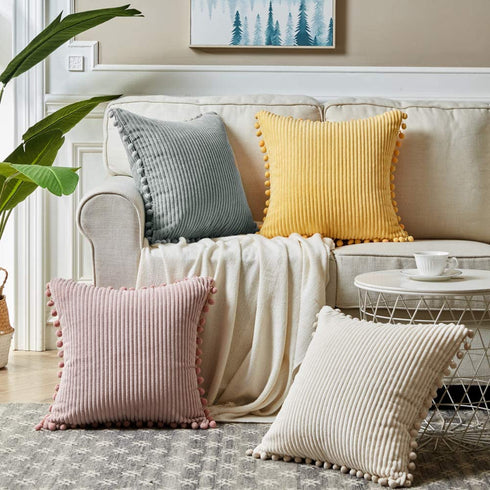 Fancy Homi Pack of 2 Boho Decorative Throw Pillow Covers with Pom-poms, Soft Corduroy Accent Solid Square Cushion Case Set for Couch Sofa Bedroom Car Living Room (20x20 Inch/50x50 cm, Cream)