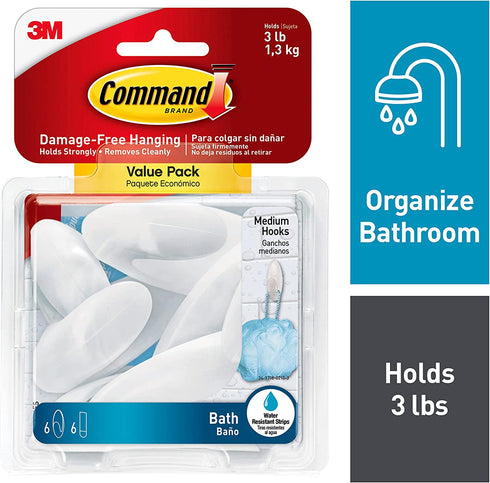 Command Bath Medium Hook Value Pack, Clear Frosted, 6-Medium Hooks, 6-Water Resistant Strips, Organize Damage-Free