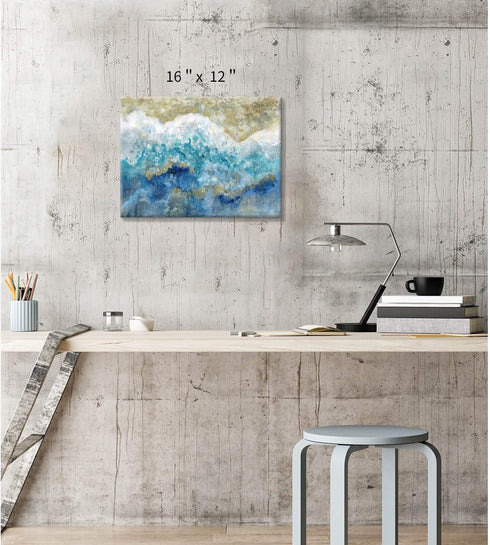 Abstract Picture Canvas Wall Art: Blue & Gold Artwork Painting Print on Canvas Small Size for Walls (16'' x 12'' x 1 Panel)