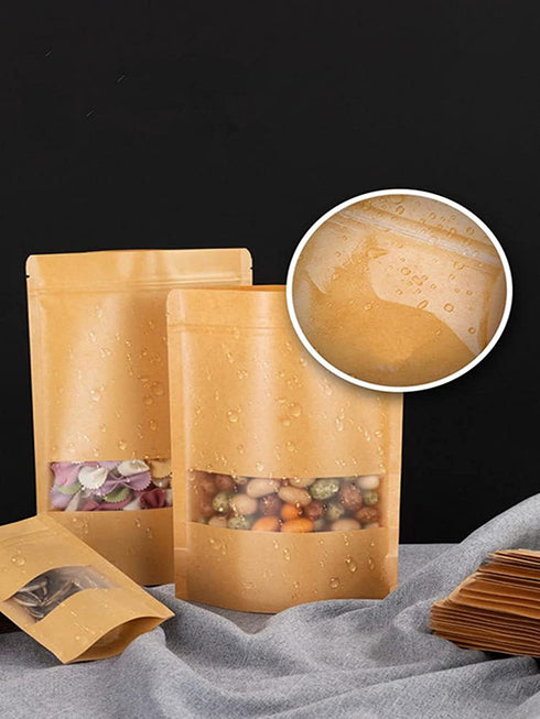 100 Pcs Kraft Stand Up Pouch with Window 6.3 x 8.6 in Brown Zip Lock Stand Up Bags, Reusable, Heat-Sealable for Home or Business