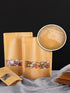 100 Pcs Kraft Stand Up Pouch with Window 6.3 x 8.6 in Brown Zip Lock Stand Up Bags, Reusable, Heat-Sealable for Home or Business