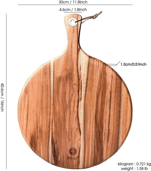 BILL.F Acacia Wood Pizza Peel,12" Cutting Board, Cheese Paddle Board, Bread and Crackers Platter for Serving and Minor Food Prepare with Handle - 16 x 12 x 0.5 Inch