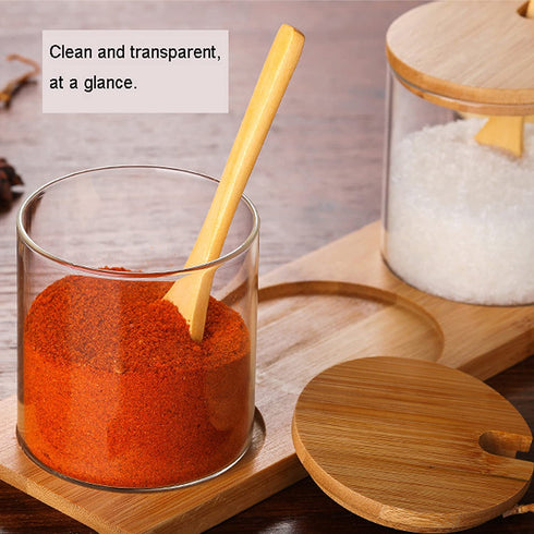 Hniuyun Condiment Container Seasoning Box Set, Glass Condiment Canisters Pots, Salt Sugar Spice Coffee Jar with Bamboo Wooden Spoon Lid and Base, Set of 3