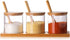 Hniuyun Condiment Container Seasoning Box Set, Glass Condiment Canisters Pots, Salt Sugar Spice Coffee Jar with Bamboo Wooden Spoon Lid and Base, Set of 3