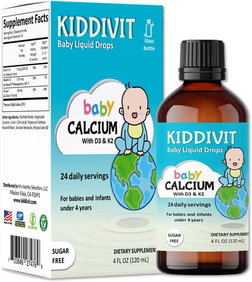 Kiddivit Baby Calcium Liquid Drops with Vitamin D3 & K2-24 Daily Servings, 4 Fl Oz (120 mL) - Inulin Fortified (Prebiotic, Dietary Fiber) - Sugar Free, Gluten Free, Vegetarian Friendly