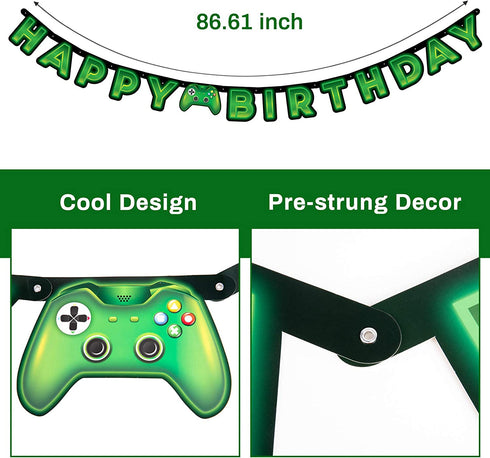 Decorlife Video Game Party Supplies Serves 8, Cute Gamer Birthday Decorations for Boys, Complete Pack Includes Tablecloth, Pre-Strung Banner, Green, Total 58PCS
