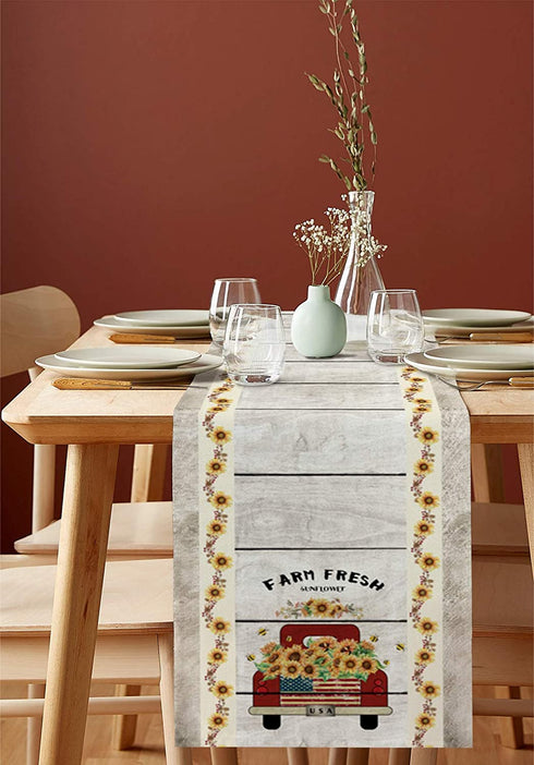 Linen Burlap Table Runner Dresser Scarves, Red Truck with Farm Fresh Sunflower USA Flag Rectangle Table Runners for Dining Room, Farmhouse Kitchen, Holiday Parties, Wedding, Events 13x70 Inch