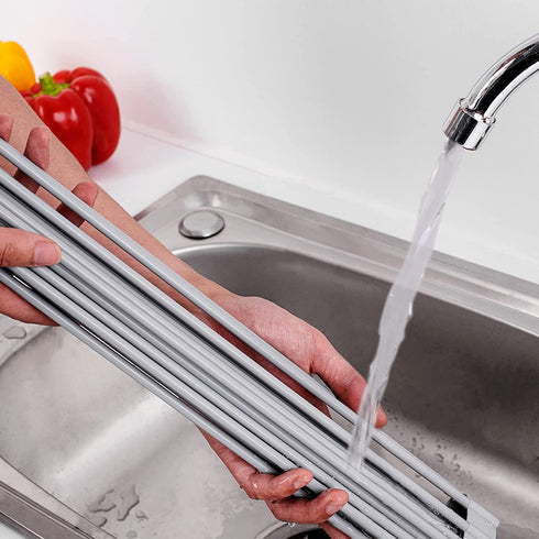 Roll Up Dish Drying Rack (17.3''X13''), Silicone Wrapped Steel Rods, Anti-Slip, Anti-Rust, Strong, Heat Resistant, Over The Sink Multipurpose Dish Drying Racks