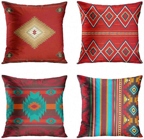 ArtSocket Set of 4 Throw Pillow Covers South Southwest Western Tribal Red Native American Home Cultural Geometric Hue Country Decorative Pillow Cases Home Decor Square 18x18 Inches Pillowcases
