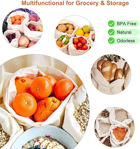Reusable Cotton Produce Bags-Durable Organic Cotton Mesh Produce Bags ECO-Friendly Grocery Bags with Tare weight 4 Sizes 12 Packs Lightweight Machine Washable Vegetable Bags with Organizing Drawstring