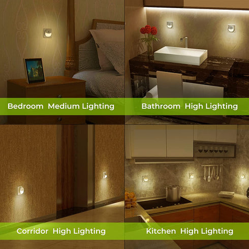 AUVON Plug-in LED Motion Sensor Night Light, Mini Warm White LED Nightlight with Dusk to Dawn Motion Sensor, Adjustable Brightness for Bedroom, Bathroom, Kitchen, Hallway, Stairs (4 Pack)