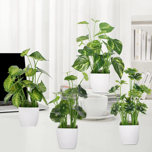 4pcs Small Fake Plants Potted Artificial Mini Greenery Evergreen Lotus Leaf Clover Luau Leaf for Desk Table Home Office Room Bedroom Decoration