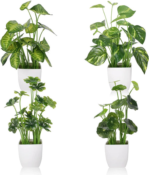 4pcs Small Fake Plants Potted Artificial Mini Greenery Evergreen Lotus Leaf Clover Luau Leaf for Desk Table Home Office Room Bedroom Decoration