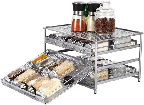NEX Spice Rack Organizer for Cabinet, 3 Tier Kitchen Seasoning Food Jars Storage Drawer with Labels, Silver