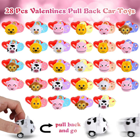 Pull Back Cars, 28 Pack Friction Powered Pull Back Car Toys+30 Valentine Cards+28 Prefilled Hearts, Kids Valentines Gifts Party Favors Set, Valentine Toys for Kids Classroom Exchange
