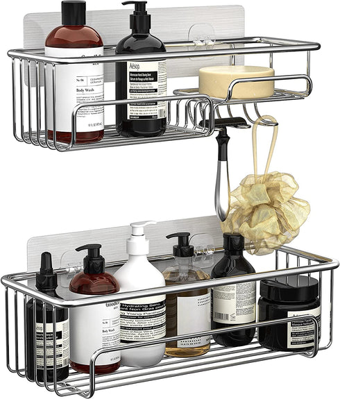 Cvtayn 2 Packs Shower Caddy with Soap Dish & Hooks, SUS304 Stainless Steel Bathroom Storage Shelves, No Drilling Shower Wall Shelves with 4 Stronger Adhesive for College Bathroom Kitchen Living Room