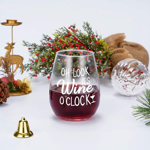 Oh Look It's Wine O™clock Stemless Wine Glass, Wine Gifts for Women Men Friends Her Him Coworkers Wine Lovers Congratulation Birthday Christmas, 15Oz Wine Glass with Funny Words