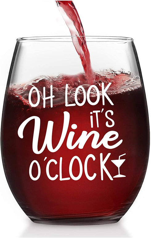 Oh Look It's Wine O™clock Stemless Wine Glass, Wine Gifts for Women Men Friends Her Him Coworkers Wine Lovers Congratulation Birthday Christmas, 15Oz Wine Glass with Funny Words