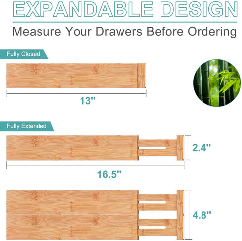Bamboo Drawer Dividers, 13" -16.5", Kitchen Adjustable Drawer Organizers, Expandable Spring Loaded Drawer Divider for Home, Office, Dressers