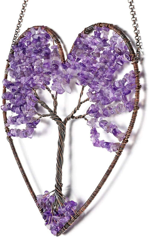 PESOENTH Amethyst Heart Tree of Life Dream Catcher Hanging Ornament Bohemian Purple Double Hearts Tree of Life Wall Art Window Car Hanging Decorations for Home Bedroom Decor
