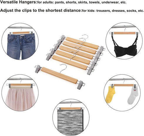 SONGMICS Wooden Pants Hangers 12 Pack, Pants Hangers with Clips, Adjustable Anti-Rust Metal Clips, 360° Swivel Hook, Skirt Hangers for Pant, Skirts, Slacks, Natural Grain UCRW008-12