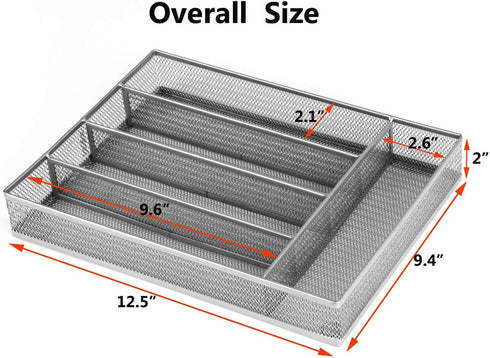 Flatware Tray Utensil Drawer Organizer Kitchen Utensil Cutlery Tray Mesh Designing with Foam Feet Multi Compartments Keep Desk Drawer and Office Supplies Well Organized (Silver)