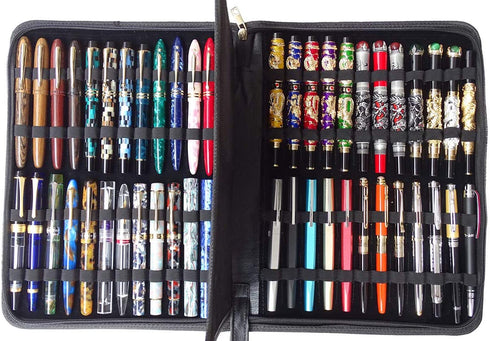 48 Fountain Pen Case PU Leather, Rollerball Pen Display Holder Bag, Pouch Large Capacity for your Collection - Black