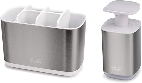 Joseph Joseph 70551 Bathroom Essentials 2-Piece Sink Accessories Set, Presto Soap Dispenser and Large EasyStore Toothbrush Caddy, Stainless-Steel