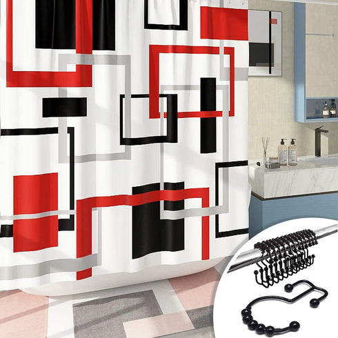DESIHOM Red Shower Curtain with 12 Metal Double Glide Hooks, Black Red Modern Shower Curtain Geometric Bathroom Shower Curtains Polyester 72x72 Inch