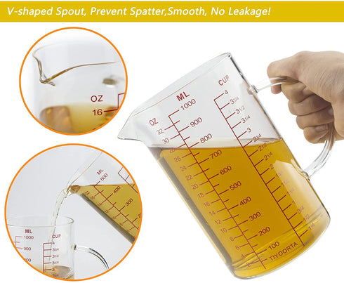 Glass Measuring Cup with Handle, Three Scales (OZ, Cup, ML) , V-Shaped Spout, Measuring Beaker for Kitchen or Restaurant, Easy to Read, by TIYOORTA (1000ML RED)