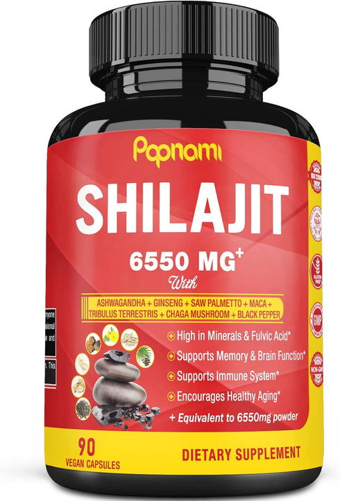 Shilajit Extract Capsules equivalent to 6550mg & Ashwagandha, Ginseng, Saw Palmetto, Maca, Tribulus, Chaga, Pepper | Trace Minerals Fulvic Acid|Immune Support, Brain Boost Supplement, 3 Months Supply